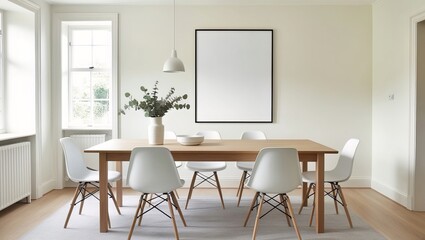 Scandinavian dining room interior design with poster frame