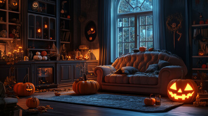 Obraz premium A Halloween-themed living room decorated with spooky charm, featuring a cozy sofa, poufs, and a collection of carved pumpkins. The room is filled with festive touches like eerie decorations, cobwebs, 