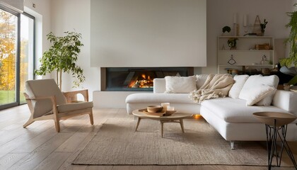  A Scandinavian living room with a white corner sofa and a low coffee table in front of a con