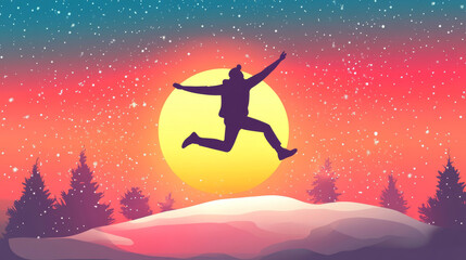 "Welcome Merry Christmas in 2025!" A young man jumps between the years 2024 and 2025, leaping over the sun and across a gap between hill silhouettes against a vibrant, colorful evening sky. The scene 
