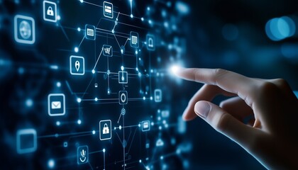 Hand touching a digital screen with icons of technology and online network connection, cloud storage, or security system on a dark blue background
