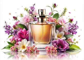 Elegant Double Exposure Perfume Bottle with Floral Elements on Transparent Background for Fragrance and Beauty Concepts