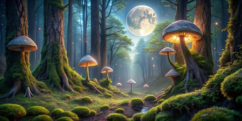 A Luminous Path Through An Enchanted Forest, Where Glowing Mushrooms Illuminate The Mist And A Full Moon Casts An Eerie Glow