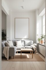 Scandinavian living room interior design with poster frame