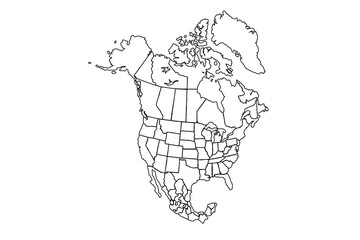 Map of North America with countries in linear view. Stylized map of North America in minimalist modern style.line art vector illustration, line drawing map.