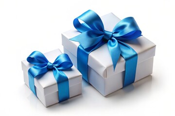 Obraz premium Elegant Silhouette of Two White Gift Boxes with Blue Satin Ribbons Isolated on White Background, Perfect for Celebrations, Weddings, Birthdays, or Special Occasions
