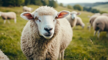 Fototapeta premium A white sheep with pink ears stands in a grassy field, looking directly at the camera.