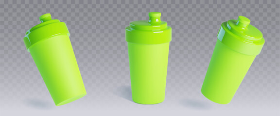 Green protein shaker. Gym plastic bottle isolated. Sport cup to drink whey cocktail. Fitness workout mug on transparent background. Blank energy supplement tumbler for bodybuilding or travel set