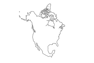 Outline on clean background of the continent of North America.line art vector illustration, line drawing map.