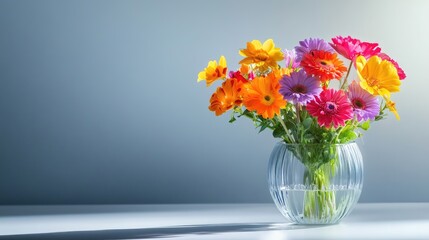 A vibrant bouquet of mixed flowers in a glass vase, placed against a simple, minimalist background, ideal for lifestyle and decor images