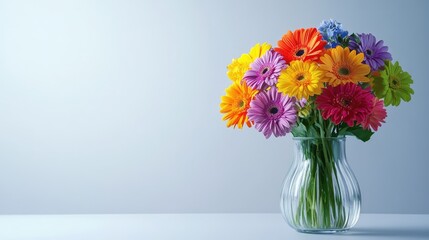 Fototapeta premium A vibrant floral bouquet in a glass vase, showcasing colorful blooms on a clean, minimalist background, perfect for lifestyle stock photography