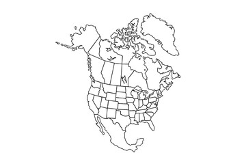 North America map isolated on white background.line art vector illustration, line drawing map.