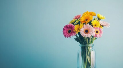 Obraz premium Bright and colorful flowers arranged in a glass vase, set against a simple, minimalist backdrop, ideal for lifestyle and decor stock photos