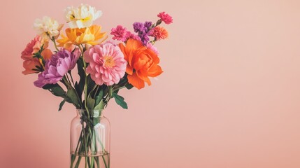Bright floral arrangement in a clear glass vase, featuring colorful flowers on a neutral, minimalist background, perfect for lifestyle content