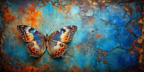 Obraz premium A solitary butterfly with iridescent wings rests upon a weathered, blue surface, its vibrant colors contrasting with the cracked and faded background.