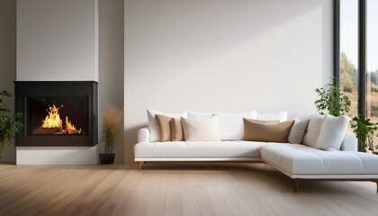 A white corner sofa positioned near a black metal fireplace, framed by a minimalist Scandina 