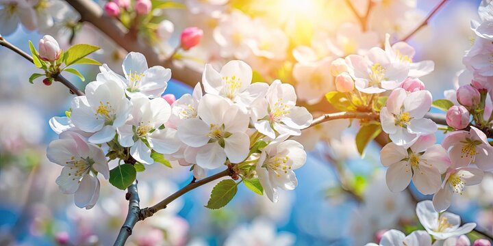 Delicate white blossoms bathed in golden sunlight, a gentle breeze whispers through the branches, creating a symphony of nature's beauty.