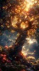 Golden Tree Fantasy Landscape - Magical Nature Artwork