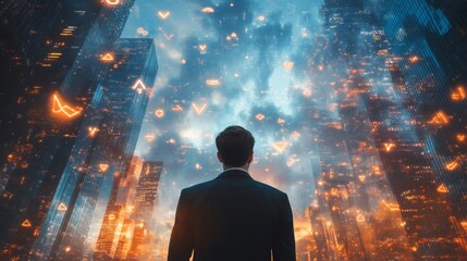 Rear View of Ambitious Businessman Contemplating Directional Arrows for Business Growth and Success