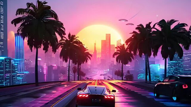 A car travelling along a beautiful cityscape at sunset