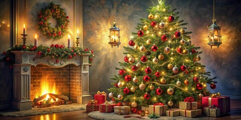 A festive Christmas tree, adorned with twinkling lights and ornaments, stands proudly in front of a crackling fireplace, surrounded by gifts awaiting the joy of the season.