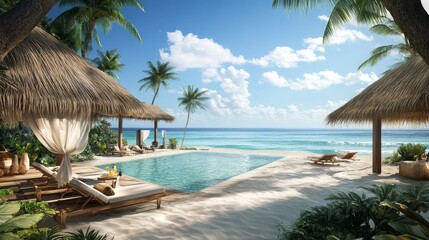 A luxury beach resort with infinity pools, thatched-roof cabanas, and a pristine shoreline. Guests lounge in the shade, sipping cocktails as the sea sparkles under the tropical sun.