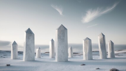 Mysterious crystal monoliths in a serene landscape.