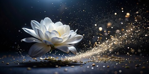 Ethereal White Petals in Motion Against a Dark Canvas - Romantic Night Photography with Floating Particles and Delicate Floral Accents