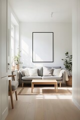 Scandinavian living room interior design with poster frame
