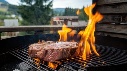 Sizzling steaks on a fire grill with flames and outdoor cooking scene
