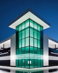 Obraz premium Modern Public Restroom with Green Glass Facade and LED Lighting at Night.