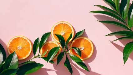 Orange Slices and Green Leaves on Pink Background.