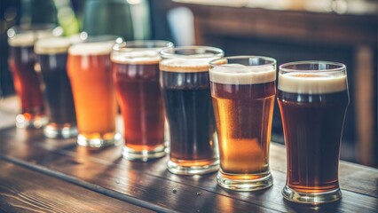 Variety of Dark and Light Beers in Glasses on a Wooden Table for a Friend's Party



