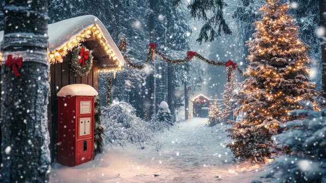 Outdoor Christmas decoration featuring a Santa's post office with a red postbox, garland, and a decorated Christmas tree, set against a snowy forest backdrop. The scene evokes a festive, winter wonder