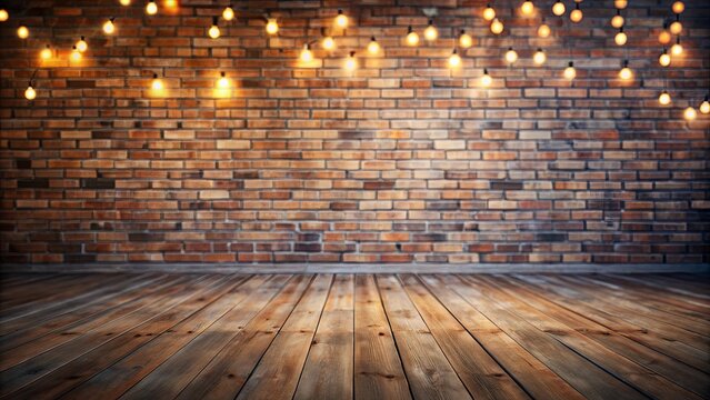 A rustic wooden floor with a brick wall background, illuminated by a string of warm glowing lights.