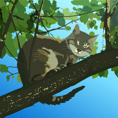 Obraz premium Gray cat on a tree. Vector illustration.