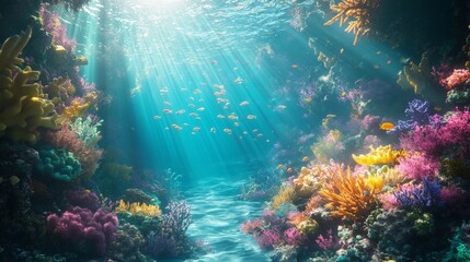 A mystical underwater scene, with colorful coral reefs and schools of exotic fish swimming in the clear blue water. Sunlight filters down through the surface, casting a magical glow