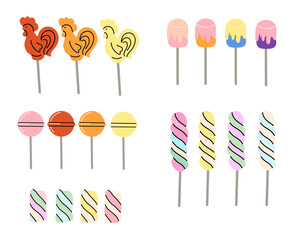 Sweets and candy on stick. Caramel, toffee, different lollipop, marmalade. Confectionery shop elements. Christmas and birthday kids present cartoon flat isolated illustration