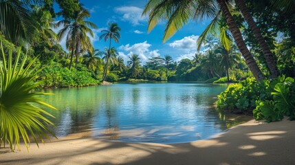 Fototapeta premium A peaceful lagoon bordered by lush, tropical greenery and soft, golden sand. The still, crystal-clear water reflects the surrounding palm trees and the bright blue sky above.