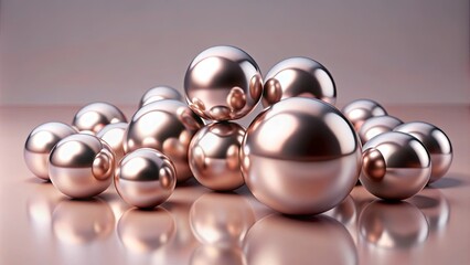 A cluster of perfectly smooth, metallic spheres, reflecting light with a soft, rose-gold hue, arranged in a seemingly random yet balanced composition, creating a sense of both order and chaos.