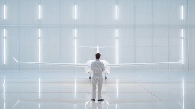 focused aeronautical engineer observes sleek aircraft model in modern wind tunnel facility, showcasing innovation and precision in aviation design - Powered by Adobe