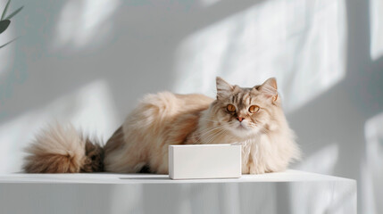 A fluffy feline relaxes comfortably next to a minimalist package of cat food, enjoying the warm sunlight streaming through the room's windows.