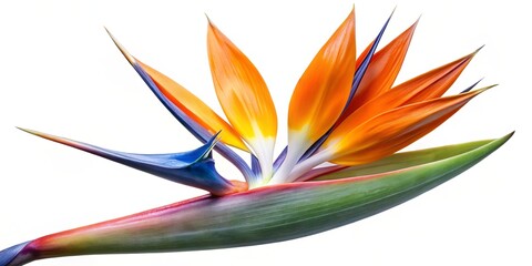 A vibrant bird of paradise blossom with orange, yellow, blue, and green hues against a stark white backdrop