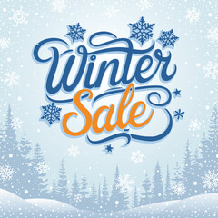 Winter banner, winter sale, trees, snowfall and snowflakes, vector design	