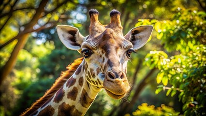 Naklejka premium A gentle giant with long eyelashes peers through a canopy of lush greenery, its patterned hide a testament to nature's artistry.