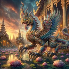 Obraz premium Majestic Guardians of the Lotus Temple: Intricately Decorated Mythical Beasts in a Golden Kingdom at Sunset