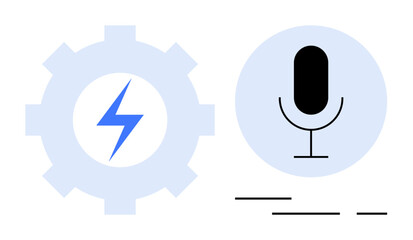 A gear with a blue lightning bolt next to a microphone on a blue circle. Ideal for technology, audio systems, power dynamics, engineering, and digital media. Modern simple design