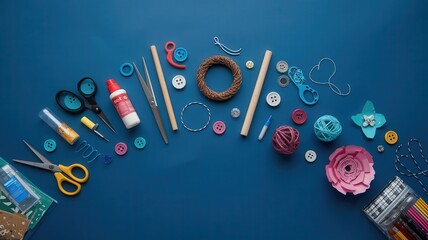 Obraz premium Crafting supplies arranged on dark surface in circular pattern