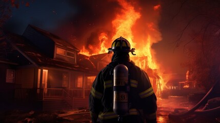 Naklejka premium Firefighter works in burning building fireman on flame back view background