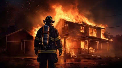 Firefighter works in burning building fireman on flame back view background